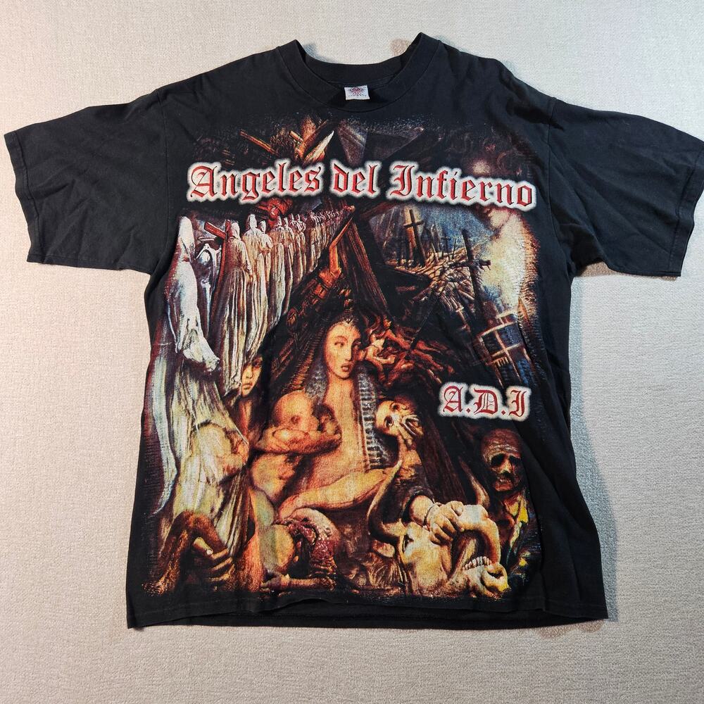 Vintage 1990s Angeles Del Infierno Pacto Con El Diablo Tee XL RARE Tag Metal